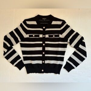 Minnie Rose Black White Striped Lace Cardigan Sweater Sz S Pearl Button Feminine